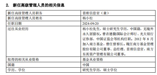 南方基金完成高管团队换届 杨小松担任公司总经理